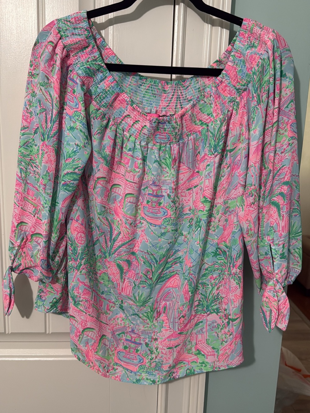 Lilly Pulitzer Pink and Mint Scenic Floral Peasant Top